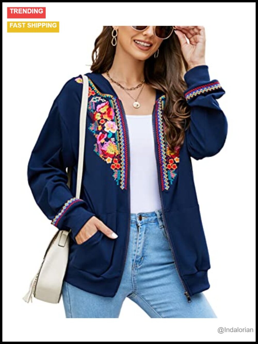 Floral Embroidered Zip Up Hoodie Sweatshirt Long Sleeve Winter Jacket